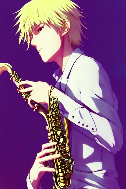 Image similar to wide view of a hippie Blonde Guy Short Hair Sharp fine face playing sax, pretty face, realistic shaded Perfect face, fine details. Anime. by makoto sinkai, katsuhiro otomo ghost in the shell movie scene, magali villeneuve, artgerm, rutkowski