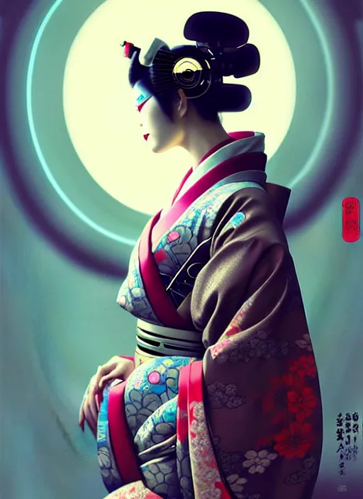 Image similar to sensual japanese geisha wearing vr eyepiece, intricate geisha kimono, robotic, android, cyborg, cyberpunk face, steampunk, fantasy, intricate, elegant, highly detailed, colorful, vivid color, digital photography, cool warm lighting, artstation, art by artgerm and greg rutkowski and ruan jia,