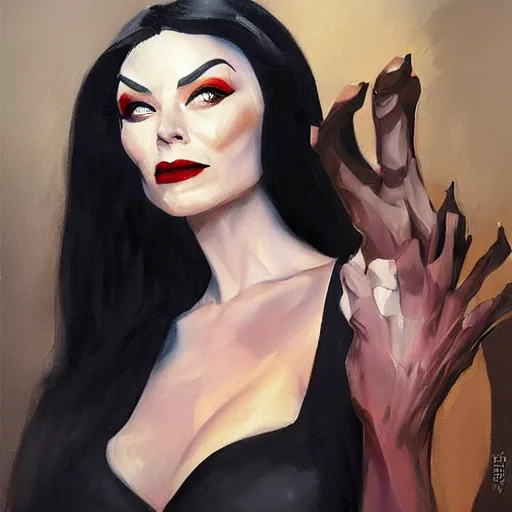 Image similar to greg manchess portrait painting of morticia from addams family as overwatch character, medium shot, asymmetrical, profile picture, organic painting, sunny day, matte painting, bold shapes, hard edges, street art, trending on artstation, by huang guangjian and gil elvgren and brom