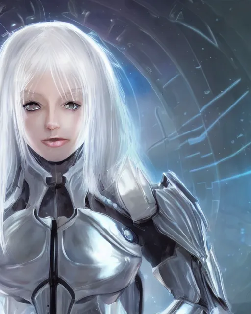 Prompt: perfect white haired girl, warframe armor, beautiful, dreamy, pretty face, blue cyborg eyes, portrait, bright light, scifi, emotional, utopian architecture in the background, laboratory, 4 k, high definition, ultra realistic, aura of light, cinematic, highly detailed, masterpiece, art by akihito tsukushi, akasuki brightmind