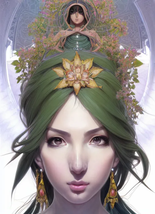 Prompt: portrait from left, head and body only, palutena, piercing eyes, concept art, digital illustration, by rossdraws, frank franzzeta, intricate, masterpiece, elegant, hyper detailed, artstation, unreal engine rendered, concept art, smooth, sharp focus, illustration, art by artgerm and greg rutkowski and alphonse mucha and garis edelweiss