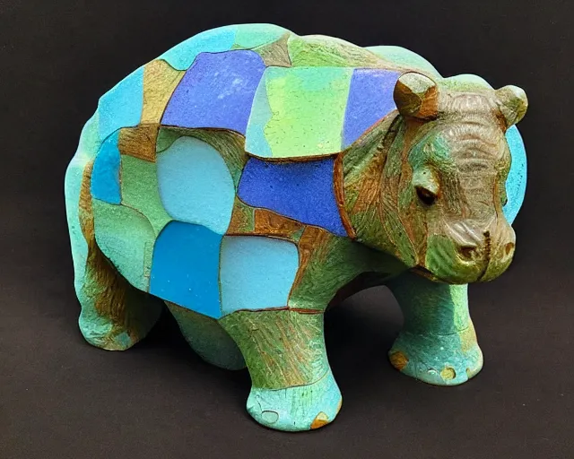 Image similar to a sculpture of hippo baby, half wood carved half blue translucid resin epoxy, cubic blocks, side view centered, mixmedia