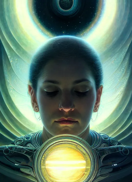 Prompt: closeup portrait shot of a meditation in space in a scenic dystopian environment, intricate, elegant, highly detailed, centered, digital painting, artstation, concept art, smooth, sharp focus, illustration, artgerm, tomasz alen kopera, peter mohrbacher, donato giancola, joseph christian leyendecker, wlop, boris vallejo