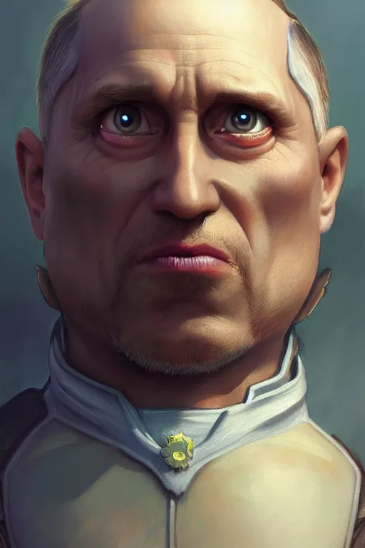 Image similar to Minion Putin, fantasy, portrait, highly detailed, digital painting, artstation, concept art, smooth, sharp focus, illustration, cinematic lighting, art by artgerm and greg rutkowski and alphonse mucha