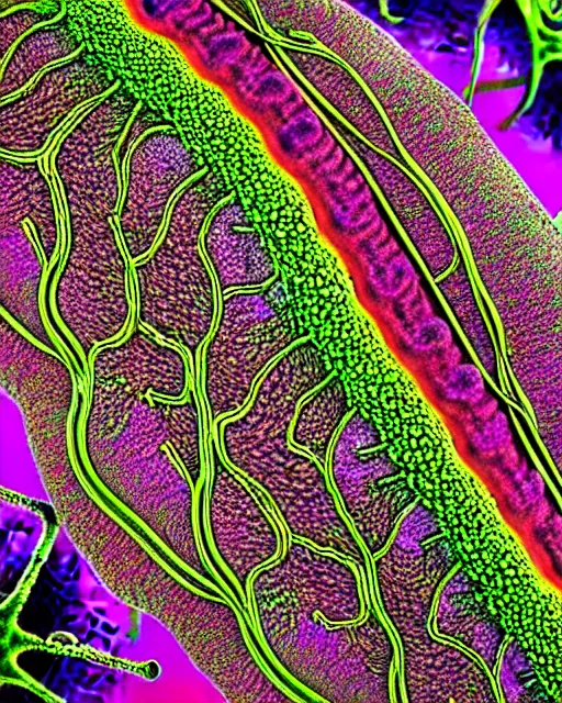 Image similar to Escherichia coli, close up details, drawn by Ernst Haeckel, colorful, beeple rendering