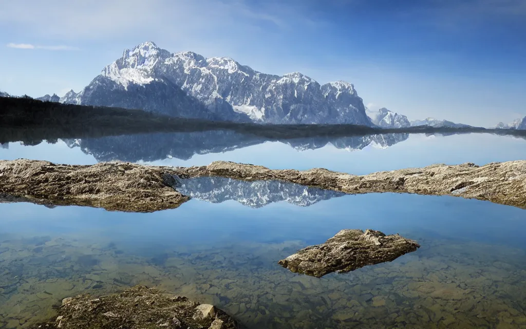 Image similar to the alps and reflection in a lake in the style of georgia o keefe