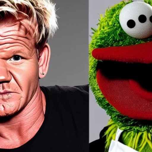 Prompt: photo of gordon ramsay eating a muppet