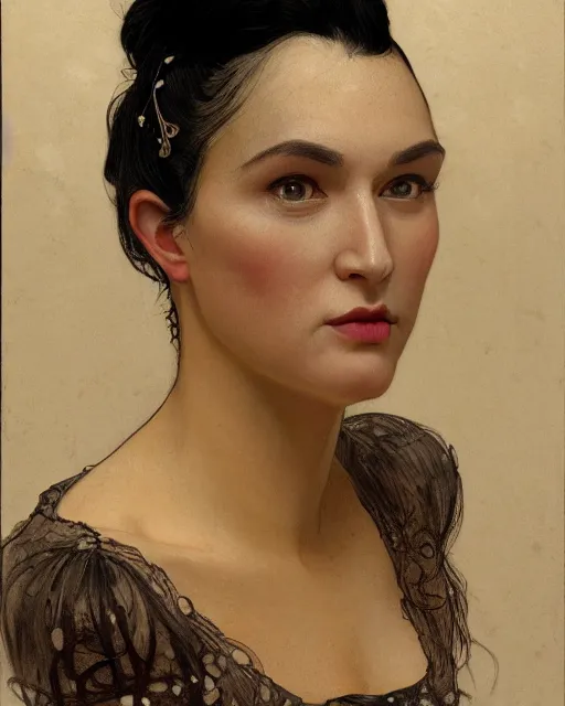 Image similar to portrait of a tall 4 0 - year - old woman with thin lips, long, lush black hair gathered on the head bun, and thick eyebrows, haughty facial expression, wearing in black clothes, aristocratic appearance, hyper realistic face, beautiful eyes, close up, fantasy art, in the style of greg rutkowski, intricate, alphonse mucha, hyper detailed, smooth