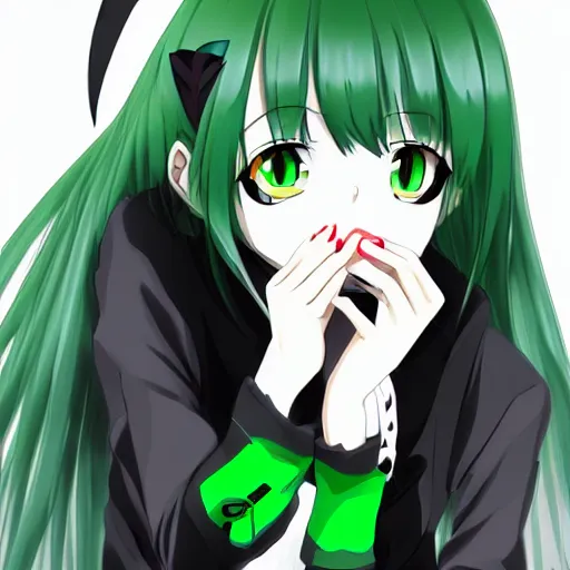 Image similar to green-eyed cat-eared goth anime girl smoking a cigarette deviantart 8k aramaki shinji hd hyperreality