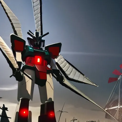 Image similar to gundam as dutch windmill in gundam, gundam is windmill shaped, dutch windmill gundam, in gears of war, splash art, movie still, cinematic lighting, ray tracing, octane render, long lens, shallow depth of field, bokeh, anamorphic lens flare, 8 k, hyper detailed, 3 5 mm film grain