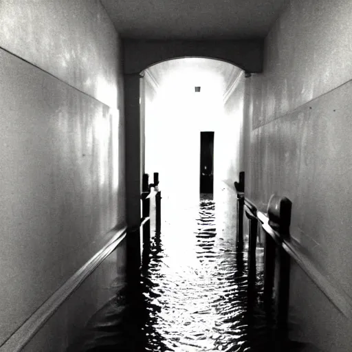 Image similar to a hallway that was built in 1 9 0 1 flooding with musty water, phone camera flash, grainy footage, liminal space, dark, eerie,