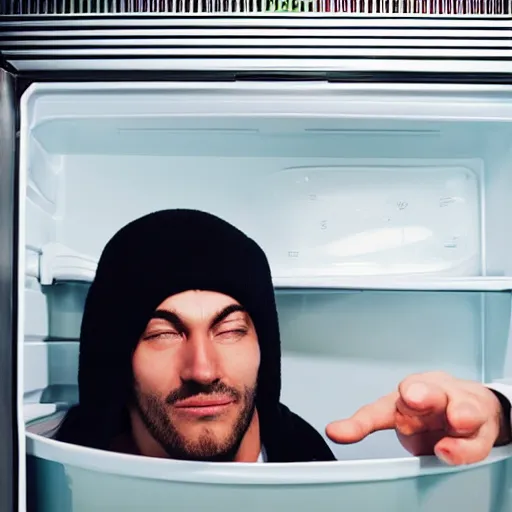 Image similar to man hiding inside a refrigerator