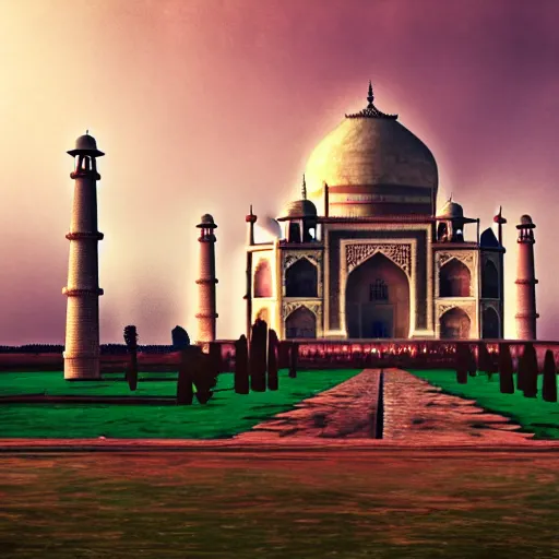 Prompt: a realistic photo of ruins of taj mahal, end of the world, octane render,