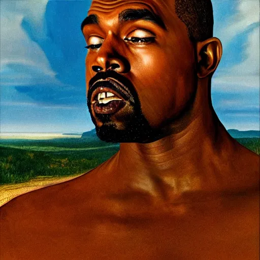 Image similar to surrealist epic photoreal portrait of kayne west as god by dali, arms outstretched, 4 k