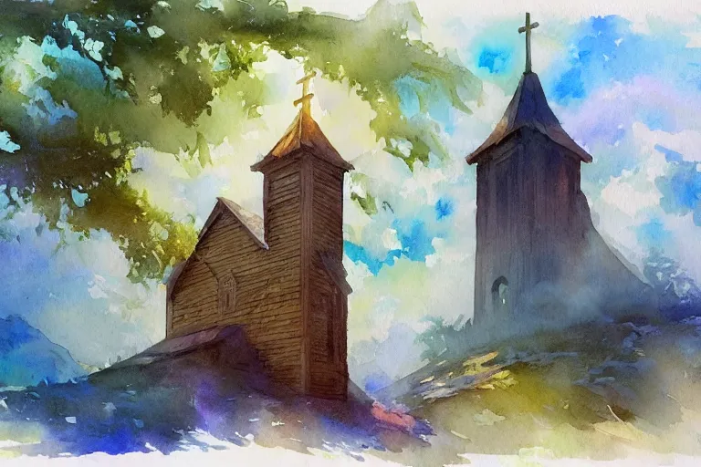 Prompt: small centered on watercolor paper, paint brush strokes, abstract watercolor painting of traditional wooden church tower, viking dragon decor, translucent leaves, cinematic light, national romanticism by hans dahl, by jesper ejsing, by anders zorn, by greg rutkowski, by greg manchess, by tyler edlin