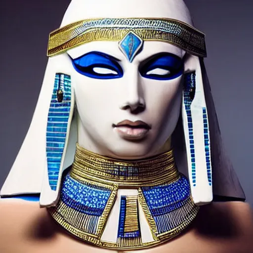 Prompt: perfect white haired attractive egyptian goddess warframe armor pharaoh headdress beautiful symmetric model like blue instense eyes pretty