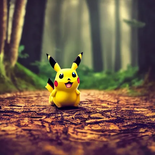 Image similar to very very intricate photorealistic photo of pikachu in a forest, photo is in focus with detailed atmospheric lighting, award - winning details