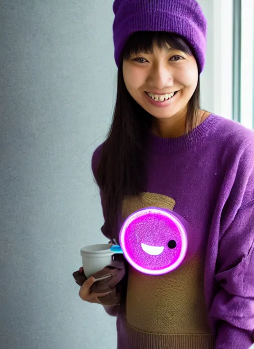 Prompt: young adult asian woman in a coffee shop wearing a beanie and a purple cyberpunk sweater with led light elements smiling, natural light, magazine photo, 5 0 mm