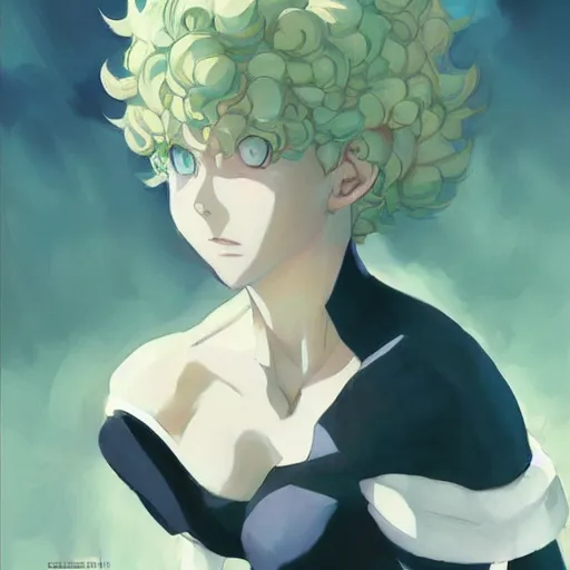 Image similar to tatsumaki from one punch man, painting, cool color palette, refreshing, soft lighting, by cushart krenz, by makoto shinkai