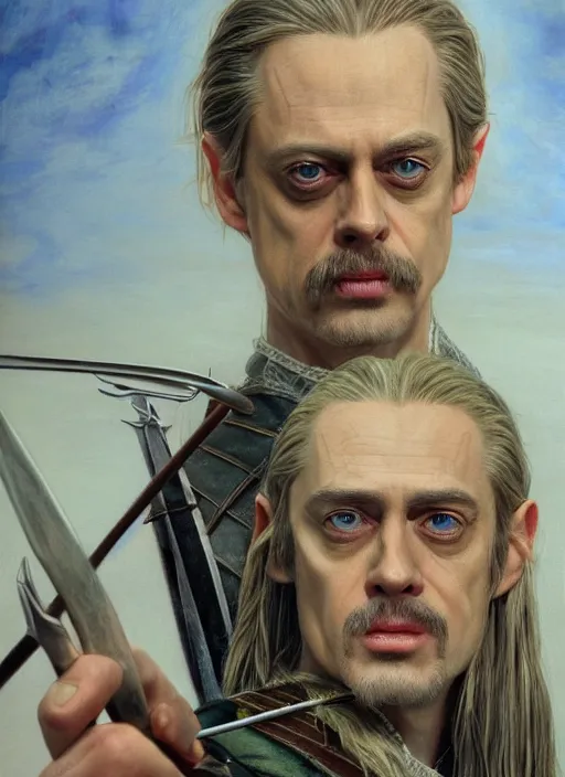 Image similar to portrait of steve buscemi as legolas, action shot, elven archer, by alan lee, lord of the rings, smooth, detailed terrain, oil painting, matte painting, concept art, trending on artstation, promotional artwork, film still, elegant, photorealistic facial features, intricate, detailed face, cinematic lighting