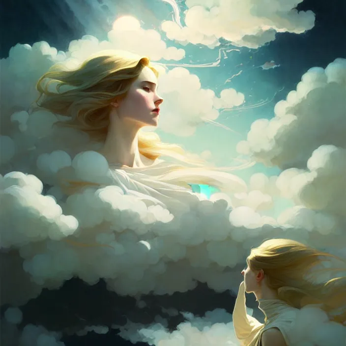 Image similar to style artgerm, joshua middleton, jeremy lipking, soft castle in the sky white with gold, majestic spires, clouds swirling, detailed, sky setting, volumetric lighting