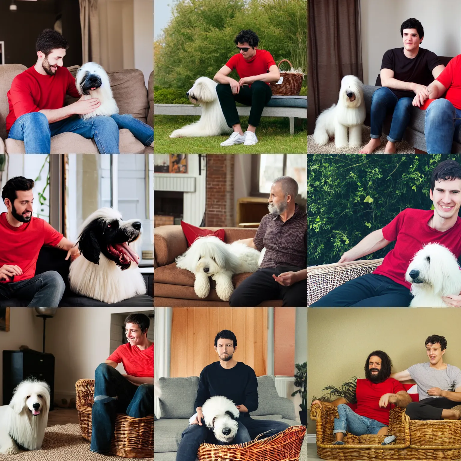 Prompt: A 30 year old skinny man with short black hair and a red shirt sits on a couch with next to him an old English sheepdog in a basket