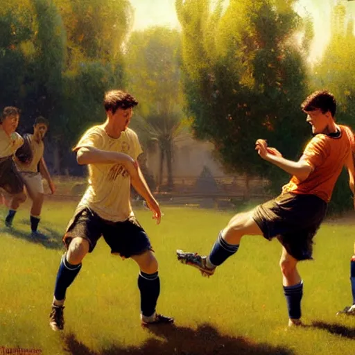 Image similar to 3 attractive male friends bonding time playing soccer. highly detailed painting by gaston bussiere, craig mullins, j. c. leyendecker, 8 k