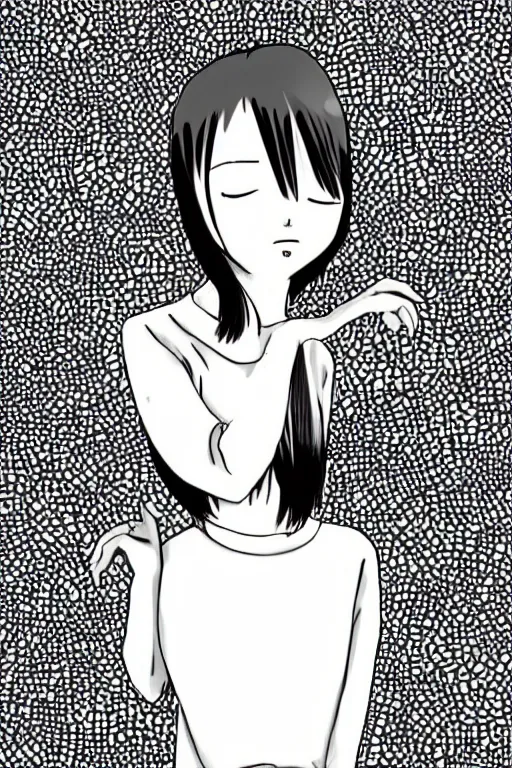 Image similar to portrait of a girl in long pants and a top, hands in pockets, eyes closed, red color heart shaped tattoo on the right hand, bob haircut, digital art, black and white, minimalistic illustration by junji ito and kaoru mori