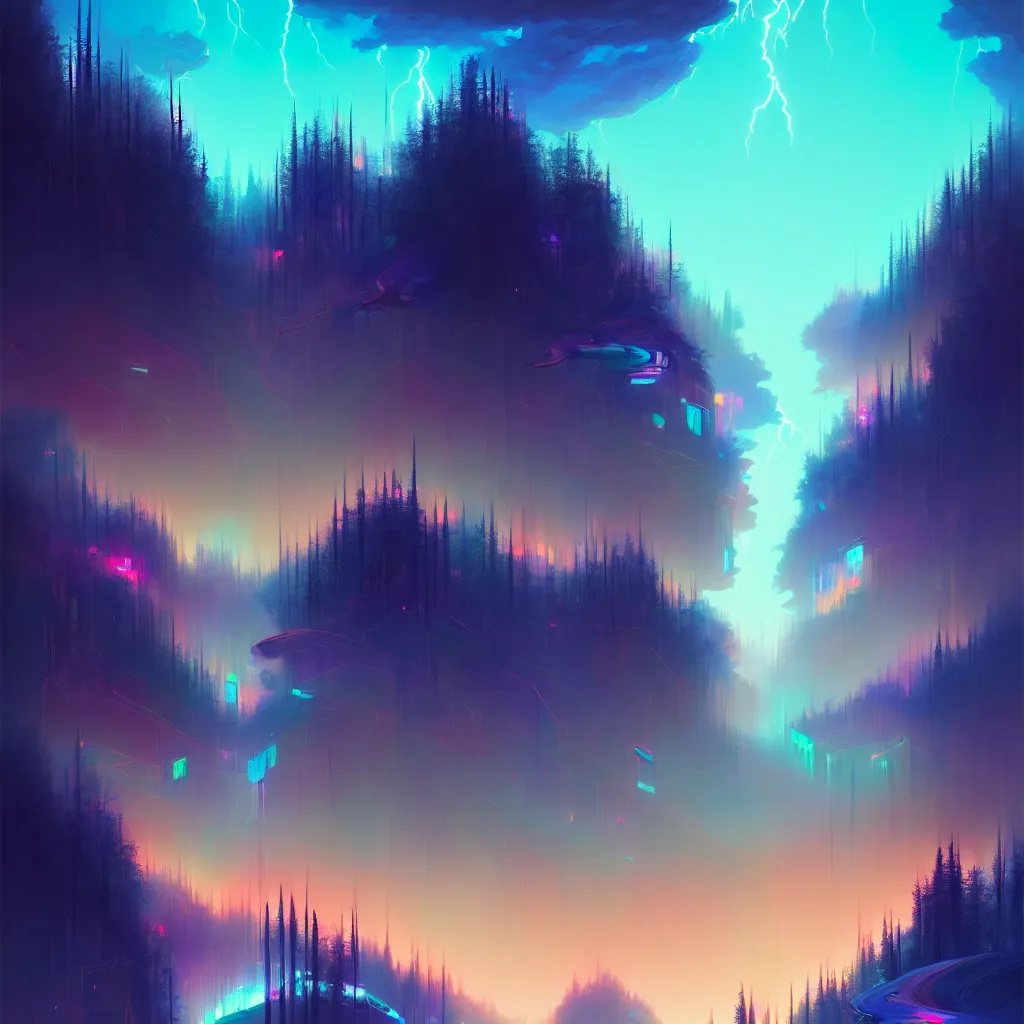 Image similar to a data-center, connector, firewall, security, river, trees, thunderstorm, trending on Artstation, painting by Jules Julien, Leslie David and Lisa Frank and Peter Mohrbacher and Alena Aenami and Dave LaChapelle muted colors with minimalism