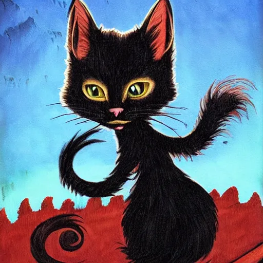 Prompt: emo fantasy painting of a cat by dr seuss | horror themed | creepy