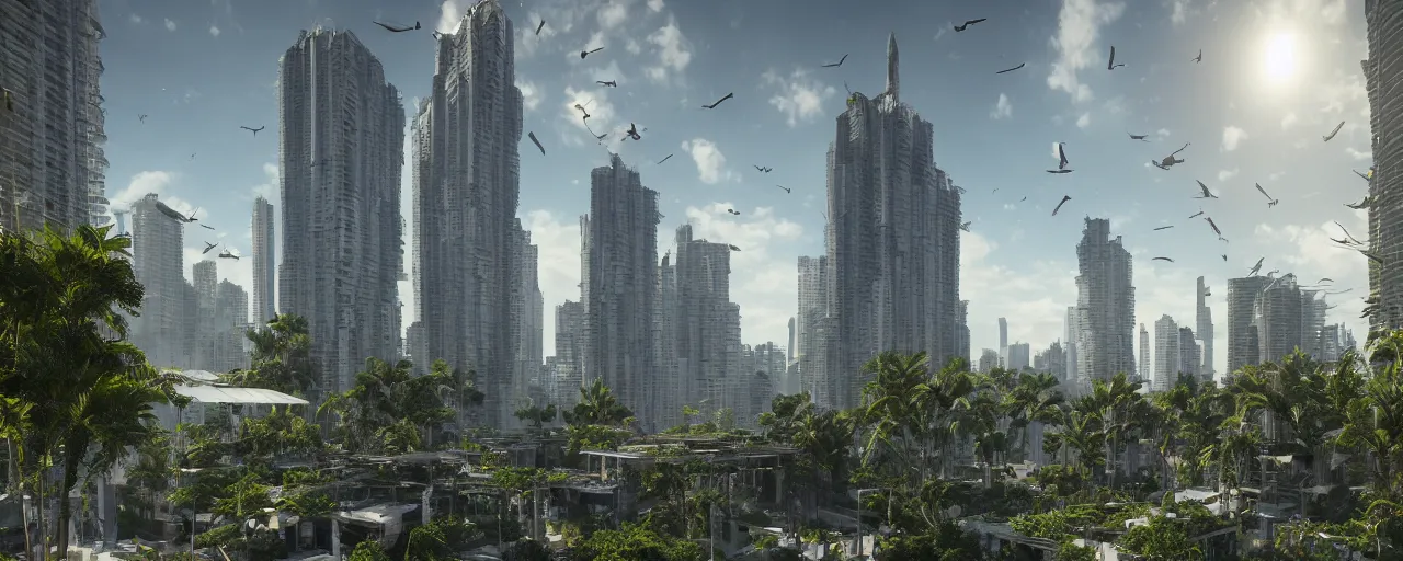 Prompt: tall skyscrapers, solarpunk architecture, white metal, hanging gardens, sunshine, clouds, dramatic lighting, colorful birds, trending on Artstation, 8k, highly realistic, hyper detailed, unreal engine 5, IMAX quality, realistic, cinematic, epic lighting, realistic, in the style of starktrek TNG, masterpiece