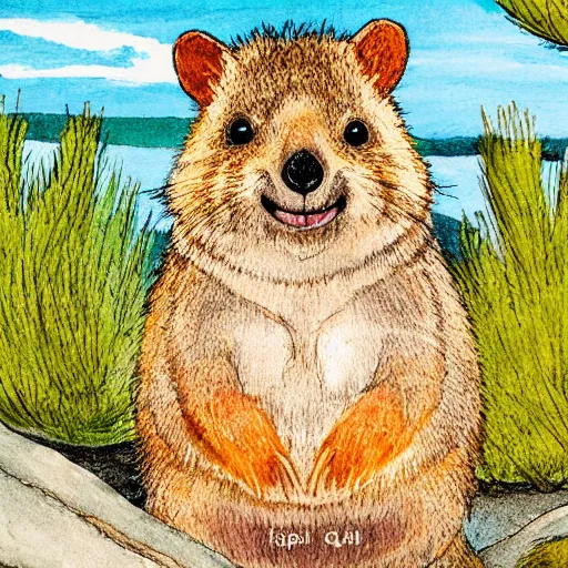 Prompt: detailed illustration, a happy quokka on rotttnest island in the style of may gibbs,