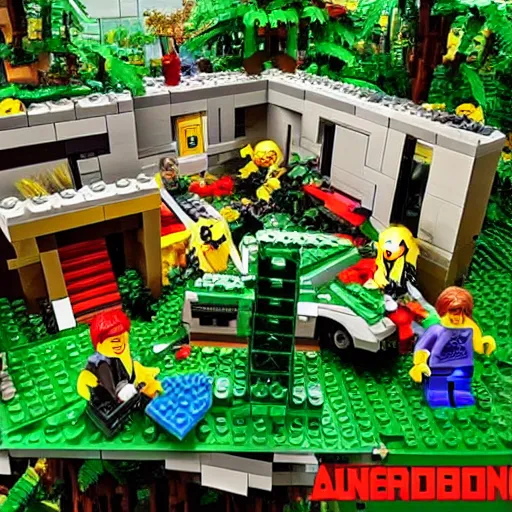 Image similar to abandoned, overgrown, underground bunker. jungle room. lego set