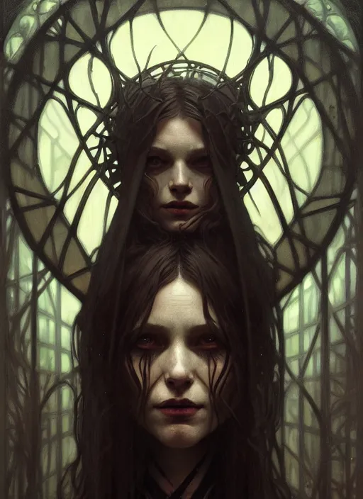 Prompt: symmetry!! portrait of a witch, horror, dark moody lights!! intricate, scary, highly detailed, digital painting, artstation, concept art, smooth, sharp focus, illustration, art by greg rutkowski and alphonse mucha