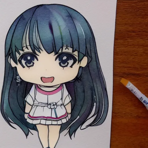 Image similar to beautiful water color concept art of cute nendoroid girl in the style of line art, inc and pen, toon rendering, close-up, flat, lacking in three-dimensionality, flat tone