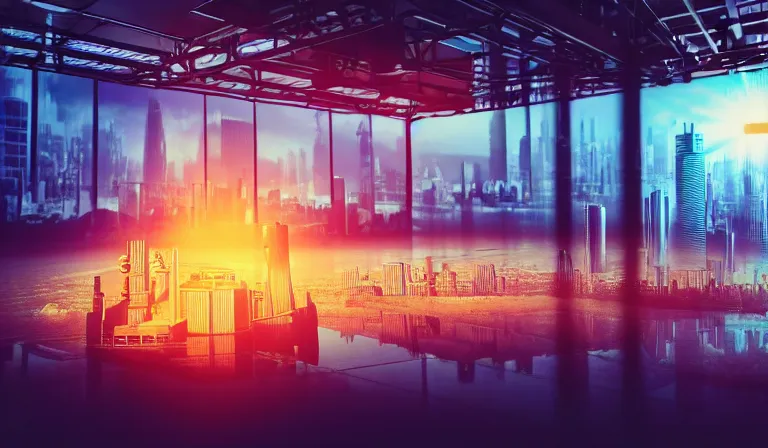 Image similar to crowd of people in simple warehouse, looking at hologram of futuristic city on a table, cinematic concept art, godrays, golden hour, natural sunlight, 4 k, clear details, tabletop model buildings, center model buildings, hologram center, crane shot, crane shot, crane shot