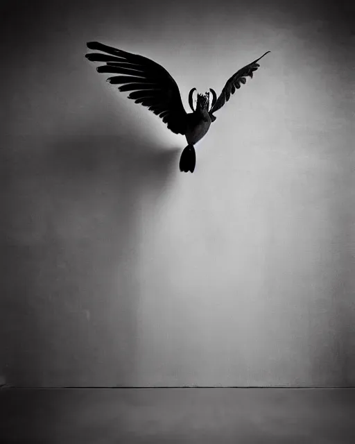 Image similar to surreal mythical dreamy dark artistic black and white fine art photo of a monumental wax sculpture of a female - orchid - bird - cybor