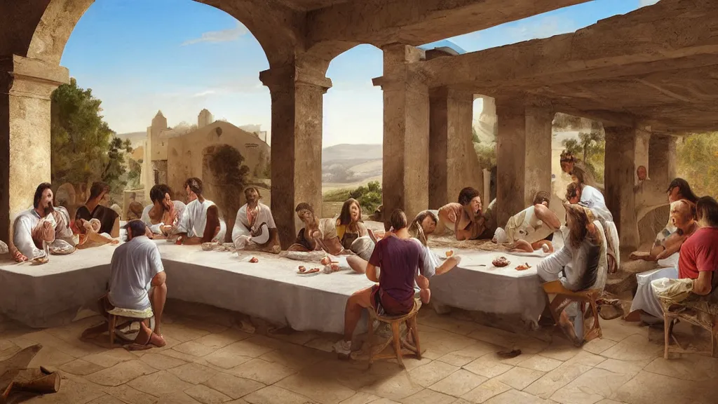 Prompt: tennis players seating in the scene of the last supper, under the porch of a typical portuguese house, with typical alentejo landscape in the back, sunny morning, matte painting, oil canvas, photorealistic illustration, extreme detail, hyper realistic, highly detailed, digital art