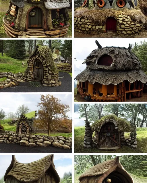 Prompt: fantasy town with a stand - alone blacksmith shop, stand - alone bakery, stand - alone tavern, stand - alone courthouse, stand - alone guardhouse, midday, viking style - hobbit homes, with elf - tree houses, in the style of real fantasy,