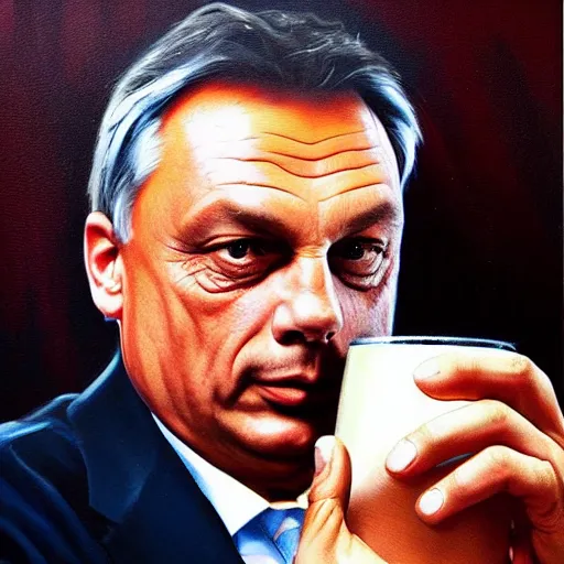 Image similar to viktor orban with a beer, anatomically correct, oil painting, hyper realistic, 8 k, highly detailed