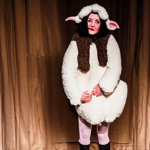 Prompt: portrait, woman in a sheep costume, on a theatre stage, stage lighting, editorial photography, 5 0 mm f / 1. 4