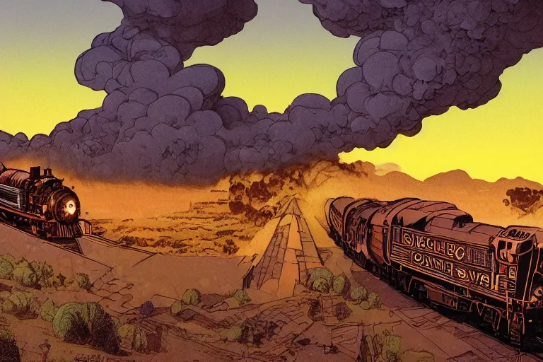 Image similar to old western freight train illustration by joe fenton and syd mead and p. craig russell and barry windsor - smith, artstation, 4 k, graphic novel, concept art, matte painting, steam engine spewing billowy white clouds of steam, beautiful idyllic mountain desert sunset background, golden hour, art nouveau