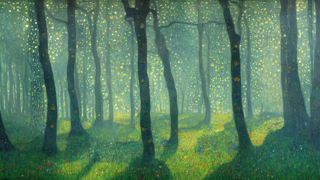 Image similar to A Gustav Klimt oil painting of a hauntingly beautiful elven forest in the morning; rays of light coming through the canopy; trending on artstation; extraordinary masterpiece!!!!!!; 8k