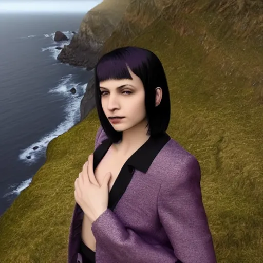 Image similar to 1 7 - year - old pale - skinned persian girl with black long bob cut, black gothic jacket, purple eyes, psychic girl, standing on cliff along the irish coast, overcast gray skies, ultra - realistic, sharp details, subsurface scattering, intricate details, cold lighting, highly detailed, photorealistic, octane render, 8 k unreal engine, art by artgerm