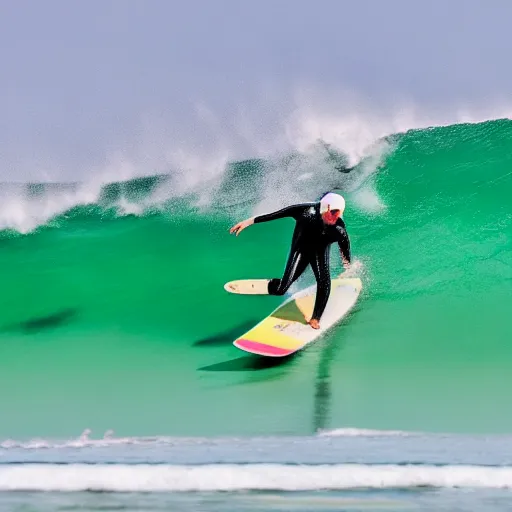 Image similar to a surfer using a snowboard to surf a wave, action photo