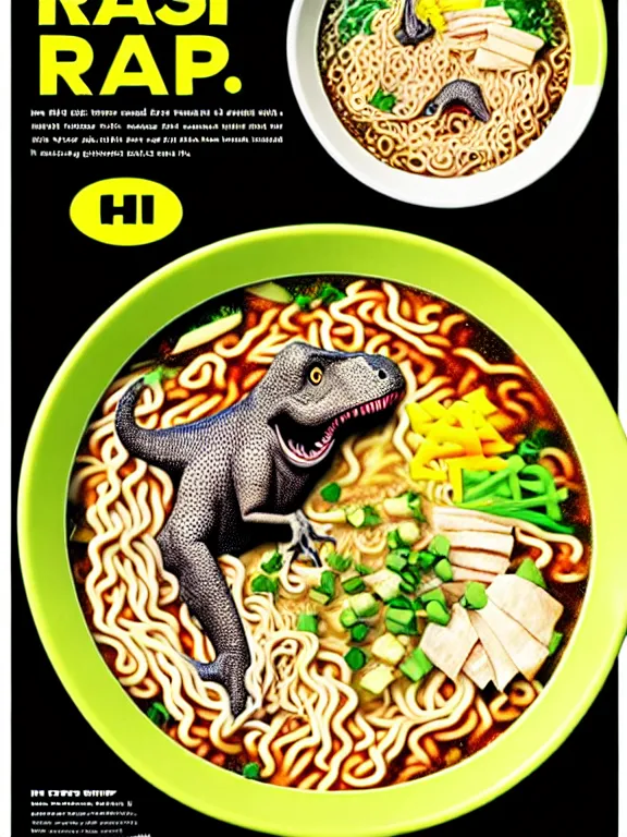 Image similar to magazine ad for dinosaur - flavored ramen, hq scan