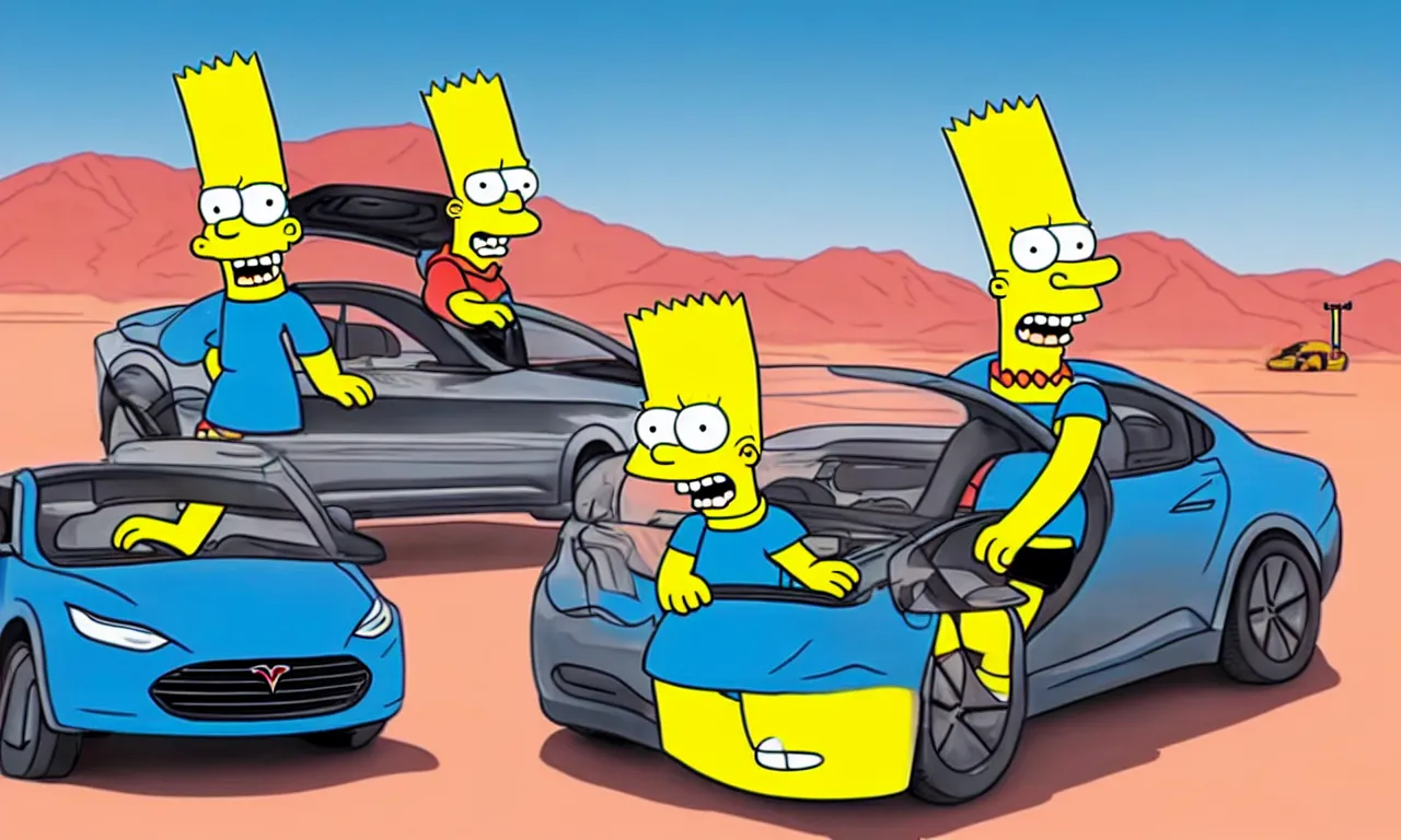 Image similar to bart simpson in tesla car in the desert, realistic picture