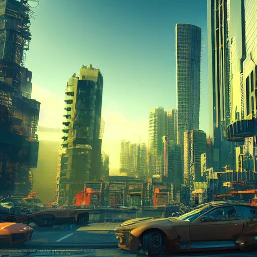 Prompt: cyberpunk cityscape like tokyo newyork street with tall buildings at dusk golden hour cinematic lighting, epic composition. A golden daylight, hyper-realistic environment. Hyper and intricate detail, photo-realistic. Cinematic and volumetric light. Epic concept art. Octane render and Unreal Engine, trending on artstation-H 768