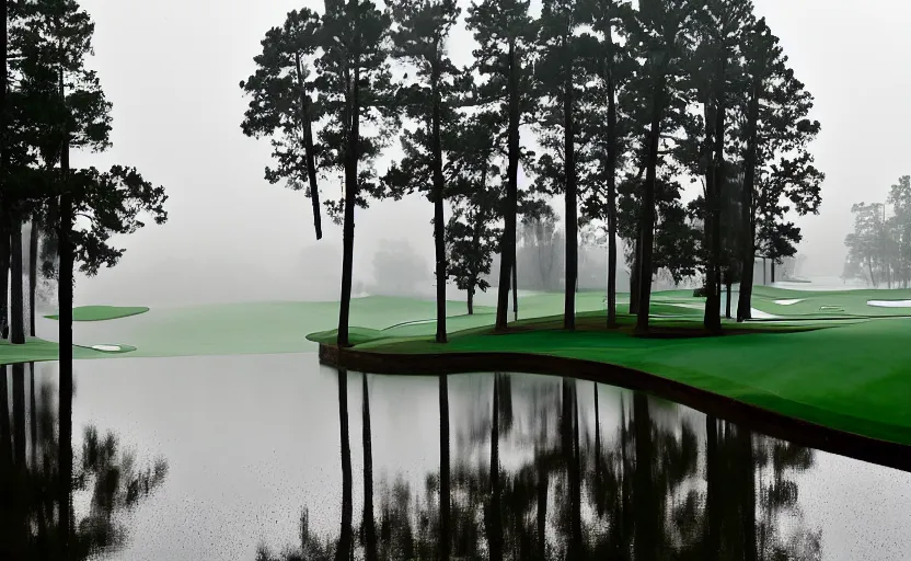 Image similar to nr. 1 2 at augusta national, the masters, many beautiful flowers and magnlia trees, completely flooded with brown water during rain storm, beautiful ambient light, fog,