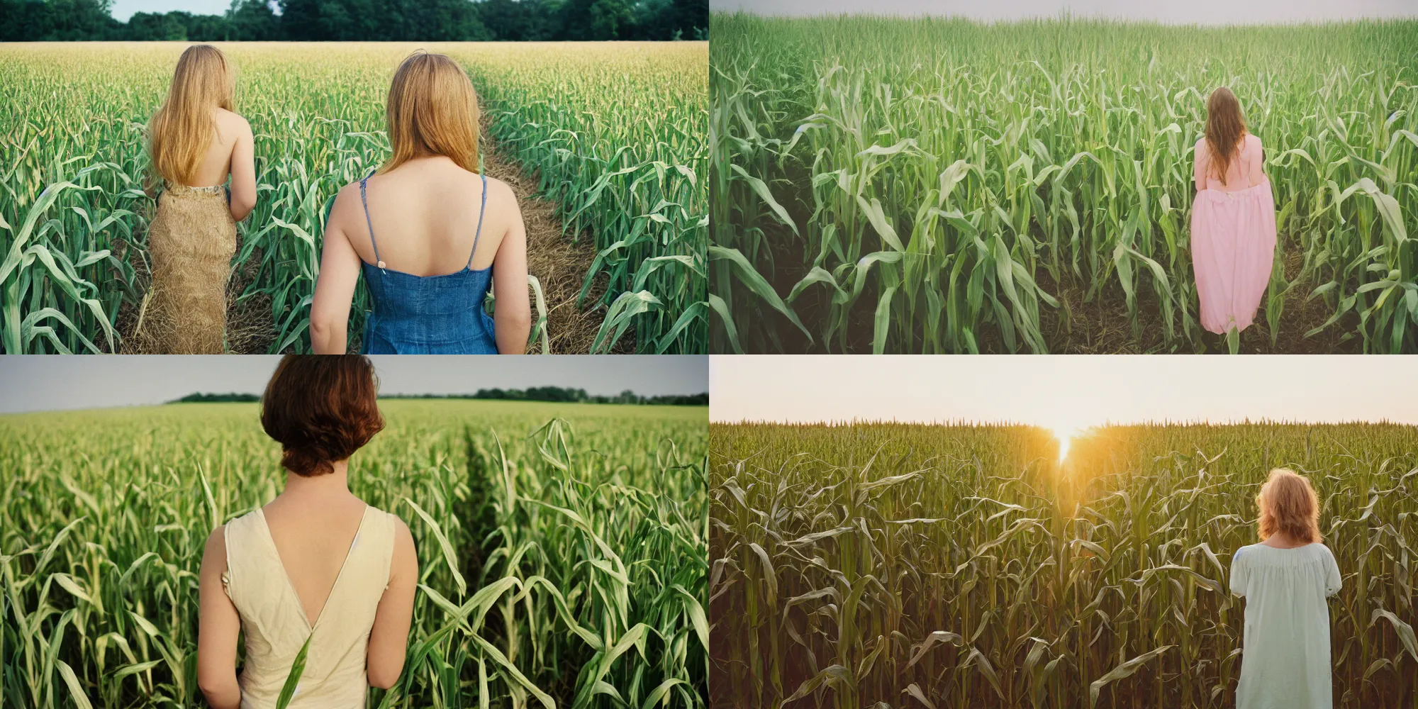 Prompt: photograph of a beautiful!!! woman! from the back in a tall!! green corn field by mark owen. pastel colors. portra 4 0 0 film. mamiya 7. highly detailed. hq. photoreal. golden hour. raw. in - frame